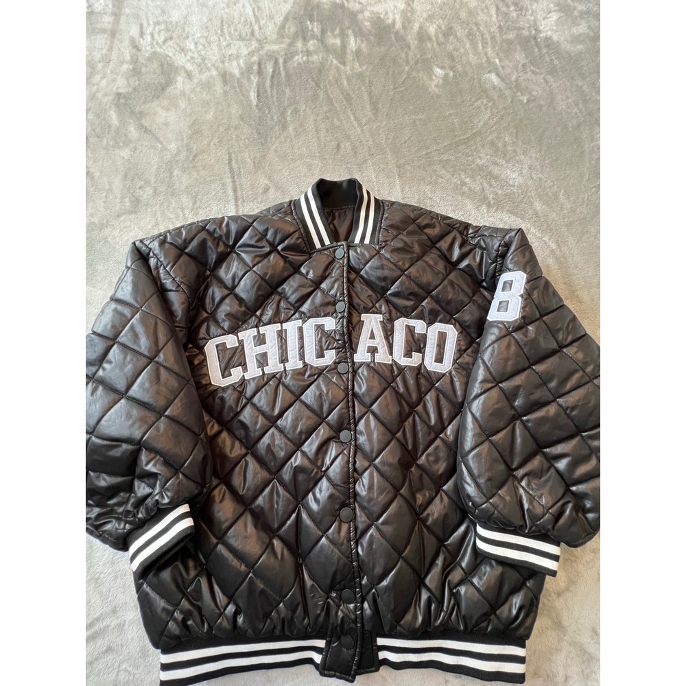 Unbranded Varsity Jacket Mens L Black Chicago Quilted Bomber Snap Front